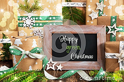 Text Happy Green Christmas, Sustainable Winter Decor, Christmas Background Stock Photo