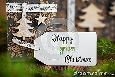 Text Happy Green Christmas, With Winter Gifts, Christmas Background Stock Photo