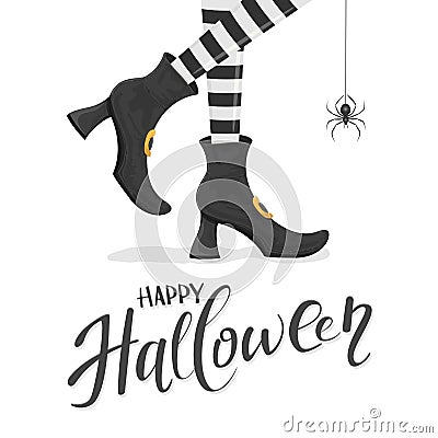 Text Happy Halloween with witches legs in shoes and spider Vector Illustration