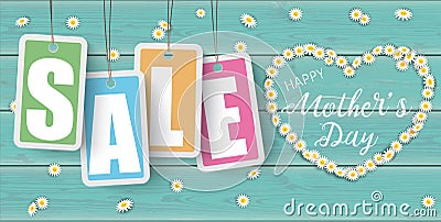Turquoise Wood Daisy Price Stickers Sale Heart Mothers Day Header Vector Illustration