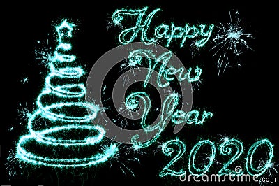 Text Happy New Year 2020 with christmas tree written sparkling sparklers fireworks isolated on black background. Overlay template Stock Photo