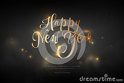 Text Happy New Year golden color. Low poly wireframe art on black background. Concept for holiday or magic or miracle. Vector Vector Illustration