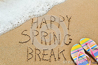 Text happy spring break in the sand Stock Photo