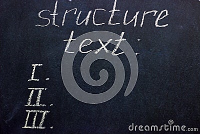 The words `text structure` and paragraph numbers written on a dark board. The challenge for a freelancer - copywriter Stock Photo