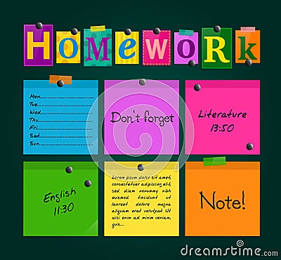 Text Homework and colorful sticky paper attached to a blackboard with magnets. Vector. Vector Illustration