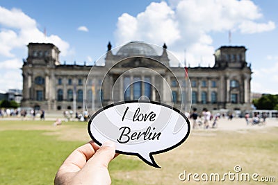 Text I love Berlin in front of the Reichstag Stock Photo