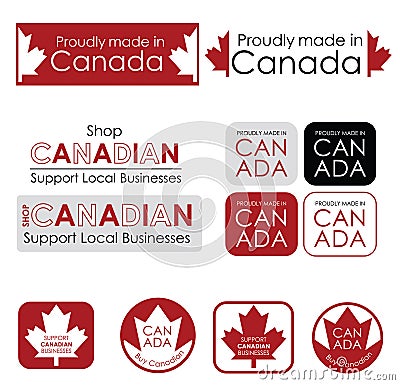 Text and icons supporting Canadian businesses. Proudly made in Canada and Support Canadian businesses, Buy Canadian signs Vector Illustration
