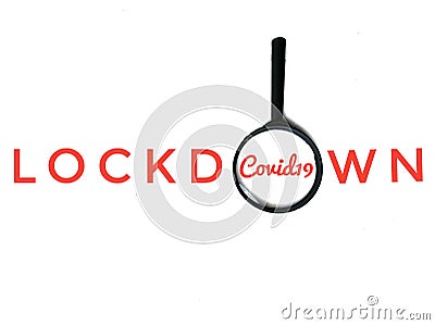 Text lockdown with an isolated magnifying glass on white background Stock Photo