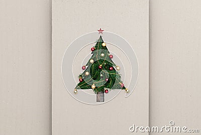 Text or logo empty copy space in vertical top view cardboard with natural eco decorated christmas tree pine.Xmas winter Stock Photo