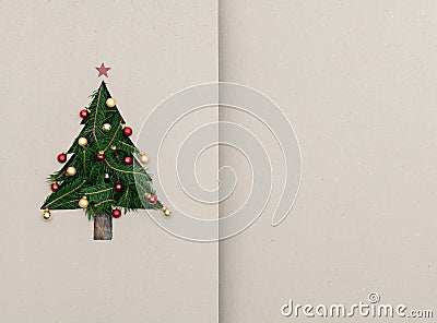 Text or logo empty copy space in vertical top view cardboard with natural eco decorated christmas tree pine.Xmas winter Stock Photo