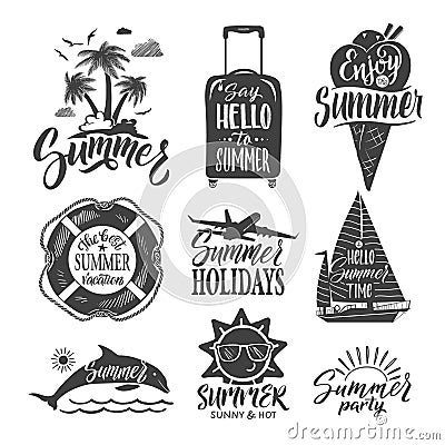 Text logo for summer party. Hand drown letters and design elements. Vector ilustrations set Vector Illustration