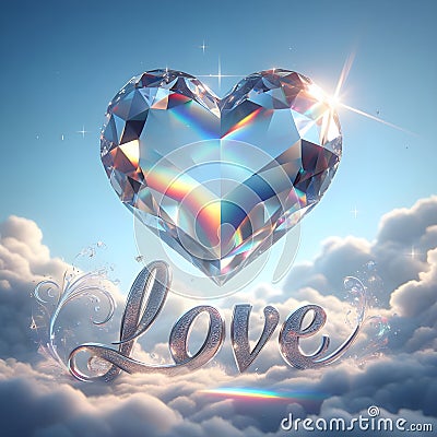 Text love with a beautiful very sparkly style faceted crystal heart. Stock Photo