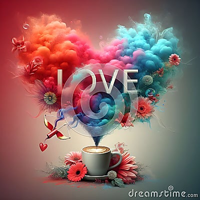 Text love with flowers with vibrant colored vapors coming out of the coffee. Stock Photo