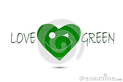 Text love green with green smiling heart shaped leaf on white background Stock Photo