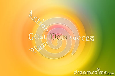 Single word on abstract background with colorful circles. Business motivational quote - Plans. Goal. Action. Focus. Success. Stock Photo