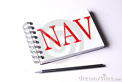 Text NAV on notebook on the white background, business Stock Photo