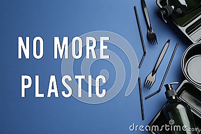 Text NO MORE PLASTIC and different disposable dishware on blue background, flat lay Stock Photo