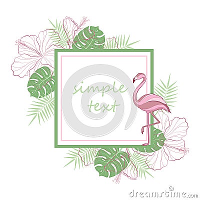 Text placeholder. Exotic tropical jungle rain forest bright green palm tree, pink flamingo birds, hibiscus and plumeria flowers fr Vector Illustration