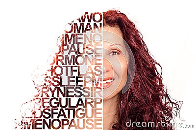 Text Portrait Poster of mature woman smiling Stock Photo