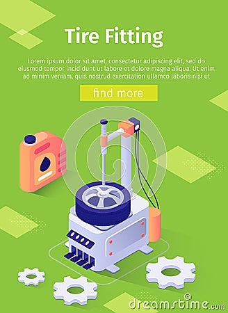 Text Poster with Isometric Tire Fitting Complex Vector Illustration
