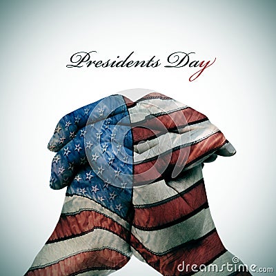 Text Presidents Day and man hands patterned with the flag of the Stock Photo