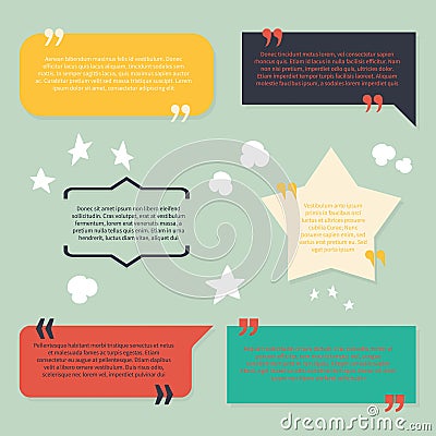 Text and quotes boxes. Design frame elements texting review information with citation quote vector quotation symbols set Vector Illustration