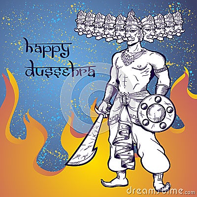 Text and Ravana in fire. Postcard for holiday in India. Happy Dussehra Stock Photo