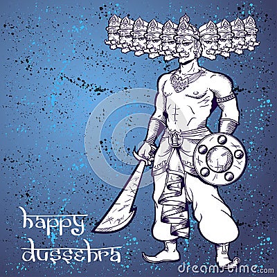 Text and Ravana. Postcard for holiday in India. Happy Dussehra Stock Photo