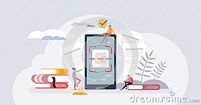 Text recognition and scanning system for image to letters tiny person concept Vector Illustration