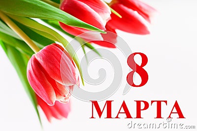 The text in Russian: from 8 March. International Women`s Day. Tulips on a white wooden table. Stock Photo