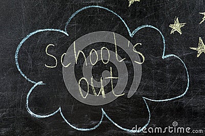 Text School`s Out and drawings on chalkboard. Summer holidays Stock Photo