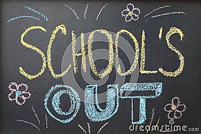 Text School`s Out and drawings on black chalkboard. Summer holidays Stock Photo