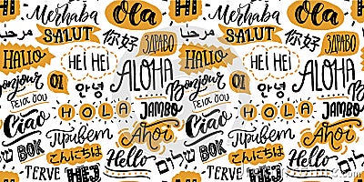 Text seamless pattern with word hello in different languages. French bonjur and salut, spanish hola, japanese konnichiwa Vector Illustration