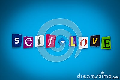 Text Self-Love on blue background from colorful letters. Multicolored inscription on card, banner. Headline, caption, heading. Psy Stock Photo