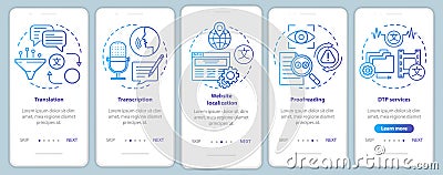 Text services blue onboarding mobile app page screen vector template. Translation, proofreading. Walkthrough website Vector Illustration