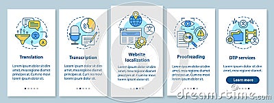 Text services onboarding mobile app page screen with linear concepts. Translation, transcription, proofreading Vector Illustration