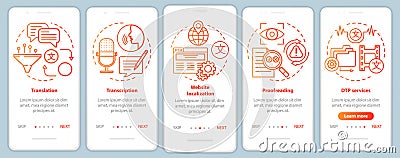 Text services red onboarding mobile app page screen vector template. Translation, proofreading. Walkthrough website Vector Illustration