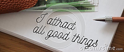 Text showing I Attract All Good Things and 100 Euro banknotes Positive attraction law Motivation Affirmation Concept Stock Photo