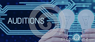 Writing displaying text Auditions. Word Written on a trial performance to appraise an entertainer's merits Stock Photo