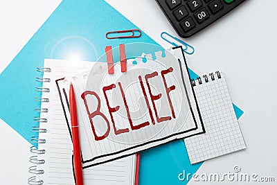 Text showing inspiration Belief. Word Written on the feeling of being certain that something exists or is true Colorful Stock Photo