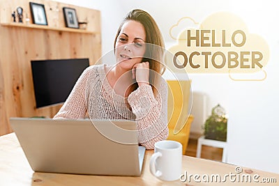 Text sign showing Hello October. Word for Last Quarter Tenth Month 30days Season Greeting Browsing And Chatting In Stock Photo