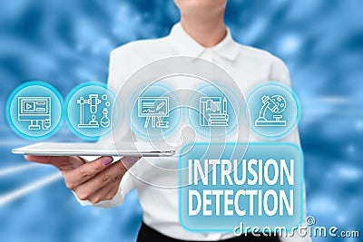 Writing displaying text Intrusion Detection. Business concept monitors a network or systems for malicious activity Lady Stock Photo