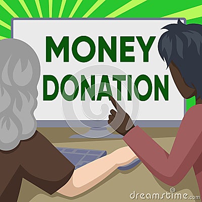 Hand writing sign Money Donation. Business approach a charity aid in a form of cash offered to an association Couple Stock Photo