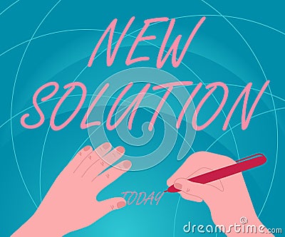 Hand writing sign New Solution. Business concept Modern Innovation Latest effective approach to a problem Hands Using Stock Photo