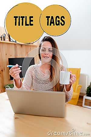Text showing inspiration Title Tags. Conceptual photo the HTML element that specifies the title of a web page Internet Stock Photo