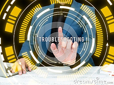 Text showing inspiration Troubleshooting. Word for an act of investigating or dealing with in the problems occured Stock Photo