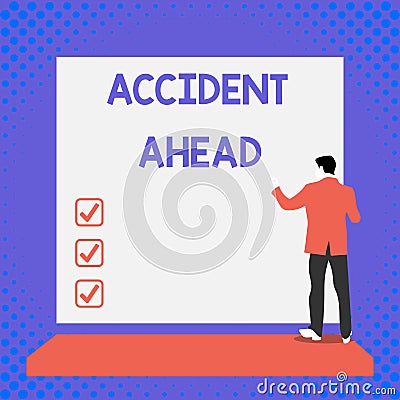 Text sign showing accident ahead. Conceptual photo unfortunate event be prepared detour avoid tailgating back view young Stock Photo