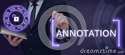 Text sign showing Annotation. Business idea note added by way of comment or explanation Stock Photo