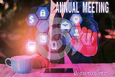 Text sign showing Annual Meeting. Conceptual photo yearly meeting of the general membership of an organization Stock Photo