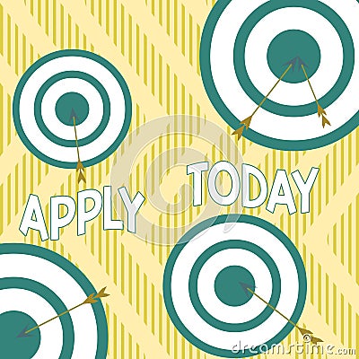 Text sign showing Apply Today. Conceptual photo to request something mainly in writing or by sending in a form Arrow and round Stock Photo